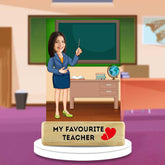 My Favorite Teacher Caricature figurine featuring a female teacher in front of a chalkboard, perfect personalized gift for Teacher Appreciation Day.